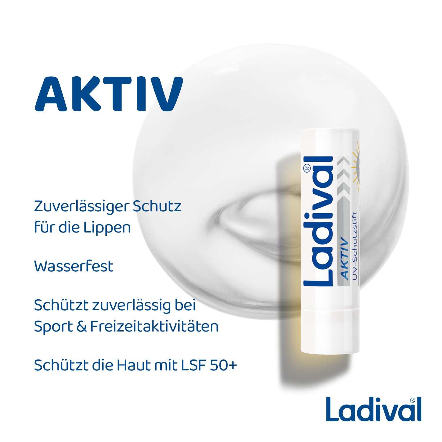Ladival SPF 50+ - Protezione solare per labbra secche, delicata pelle delle labbra, con olio di jojoba, idratante, impermeabile, protezione UVA e UVB, 4,8 g