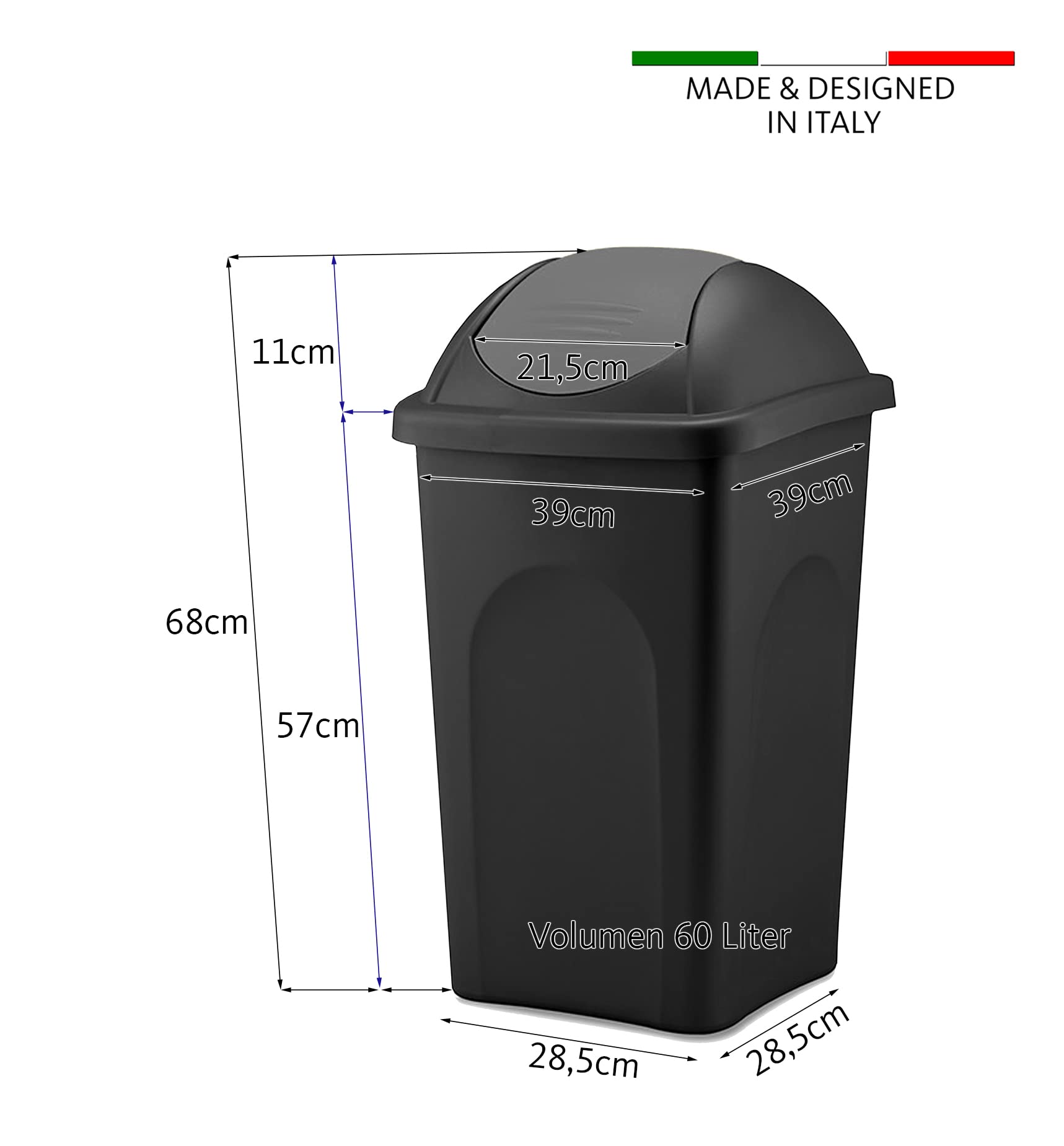 BigDean Mülleimer 60L schwarz Schwingdeckel rot Kunststoff Made in Italy
