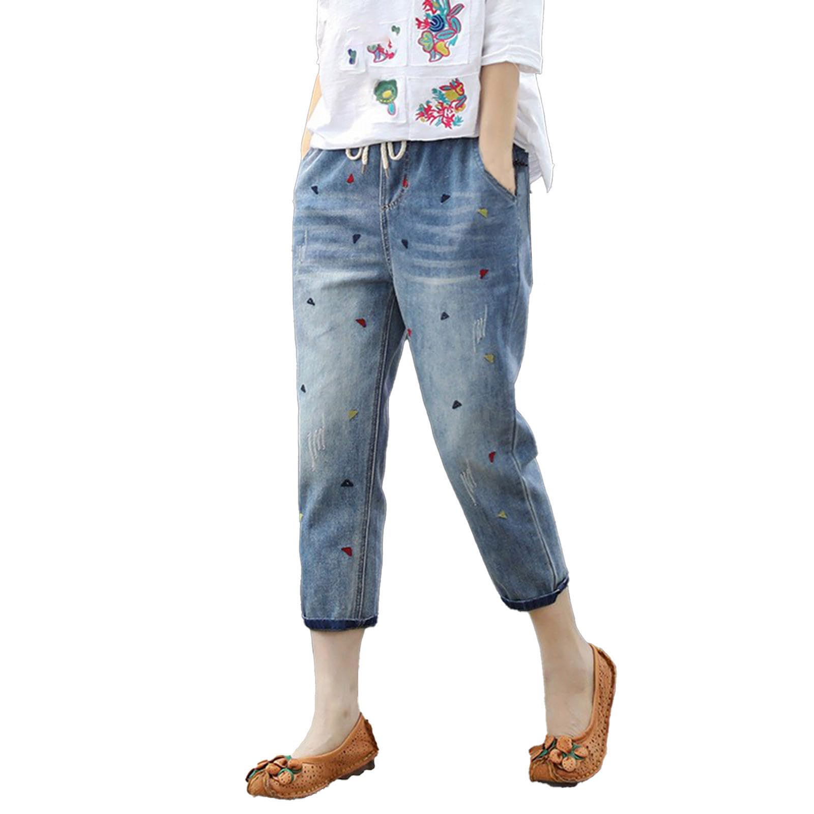 Tuta da donna in jeans elegante, pantaloncini estivi a vita alta | Pantaloncini da spiaggia larghi e comodi, ricamati, vintage, sfilacciati, effetto sfilacciato, pantaloni a 3/4 in denim