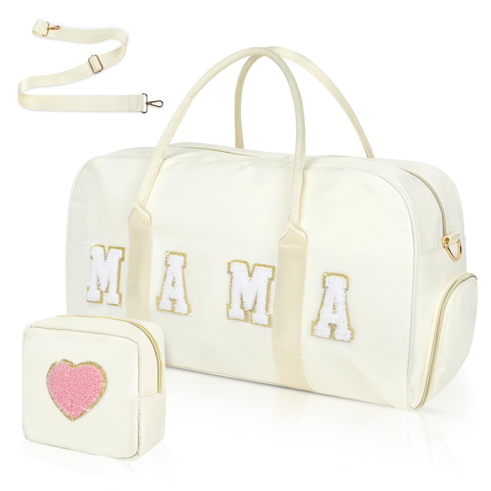Mama Hospital Bag for Women Labor and Delivery Nylon Chenille Letter Embroidered Duffle Overnight Weekender Bag with Shoes Compartment and Mothers Day Gifts White
