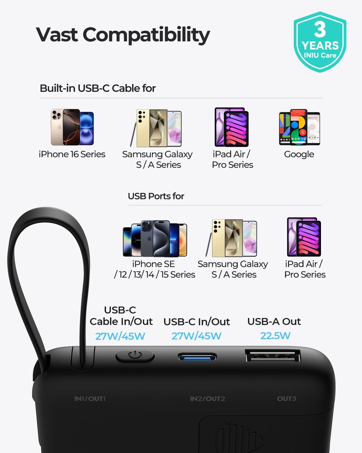INIU 45W Power Bank, Slimmest 10000mAh Portable Charger with Build in USB-C Cable, Fast Charging USB C in&Out Battery Pack, Travel External Phone Charger for iPhone 16 15 Samsung S24 S23 Google etc - Image 7
