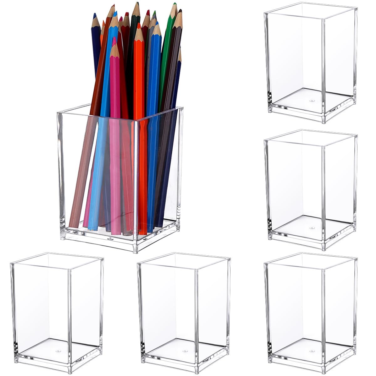 6 Pcs Acrylic Pen Pot, Square Acrylic Pencil Organizer, Transparent Pen Cup, Clear Makeup Brush Holder