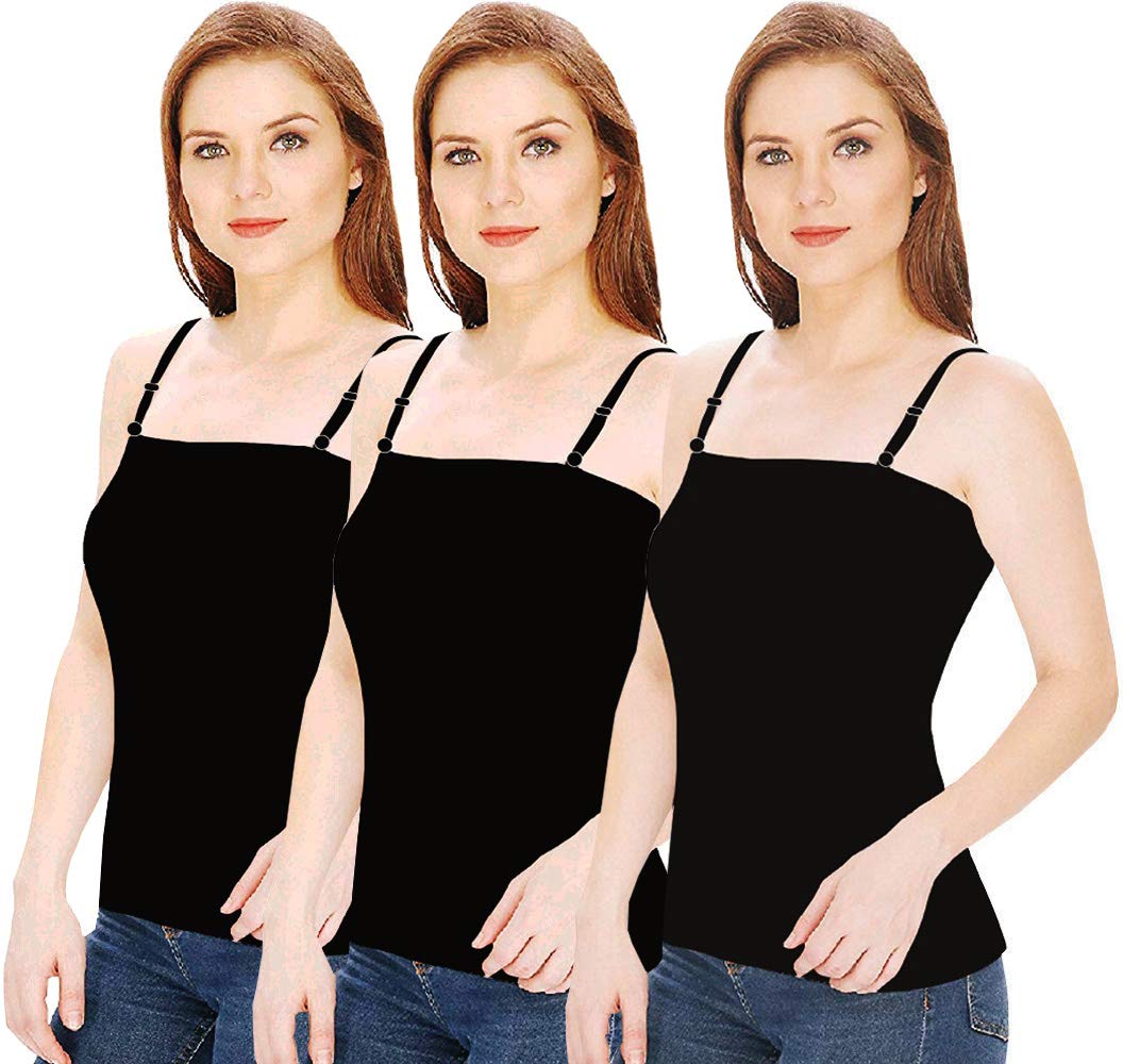 VEERAA CLOTHINGWomen's Cotton Camisole Slip Adjustable Strap Combo Pack (in, Alpha, L, Regular, Black)