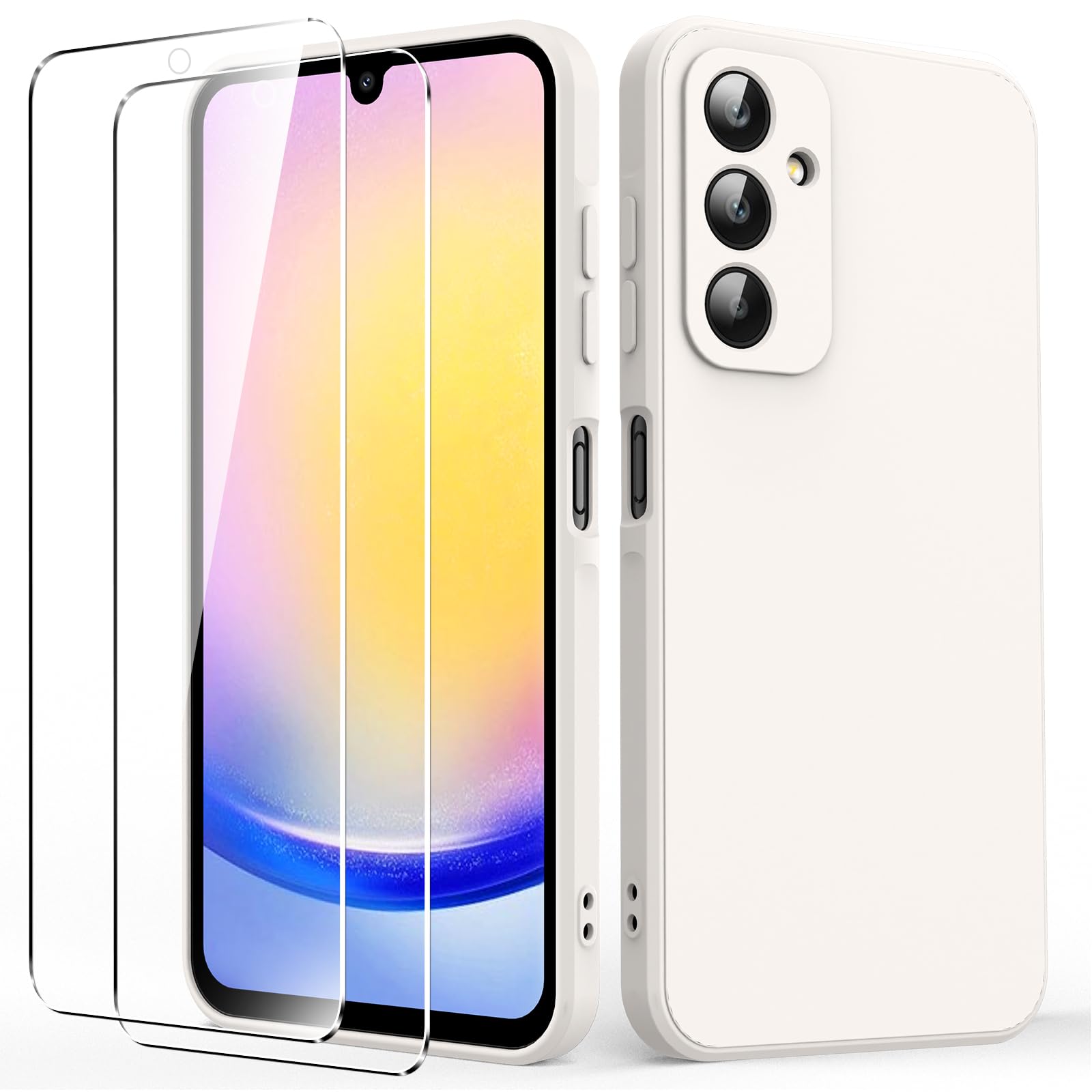 Byvuwiay Cover per Samsung Galaxy A25 5G con 2 Vetro Temperato Pellicola Protettiva, Custodia in TPU Ultra Sottile Antiurto Anti-Scratch Case, Bianco