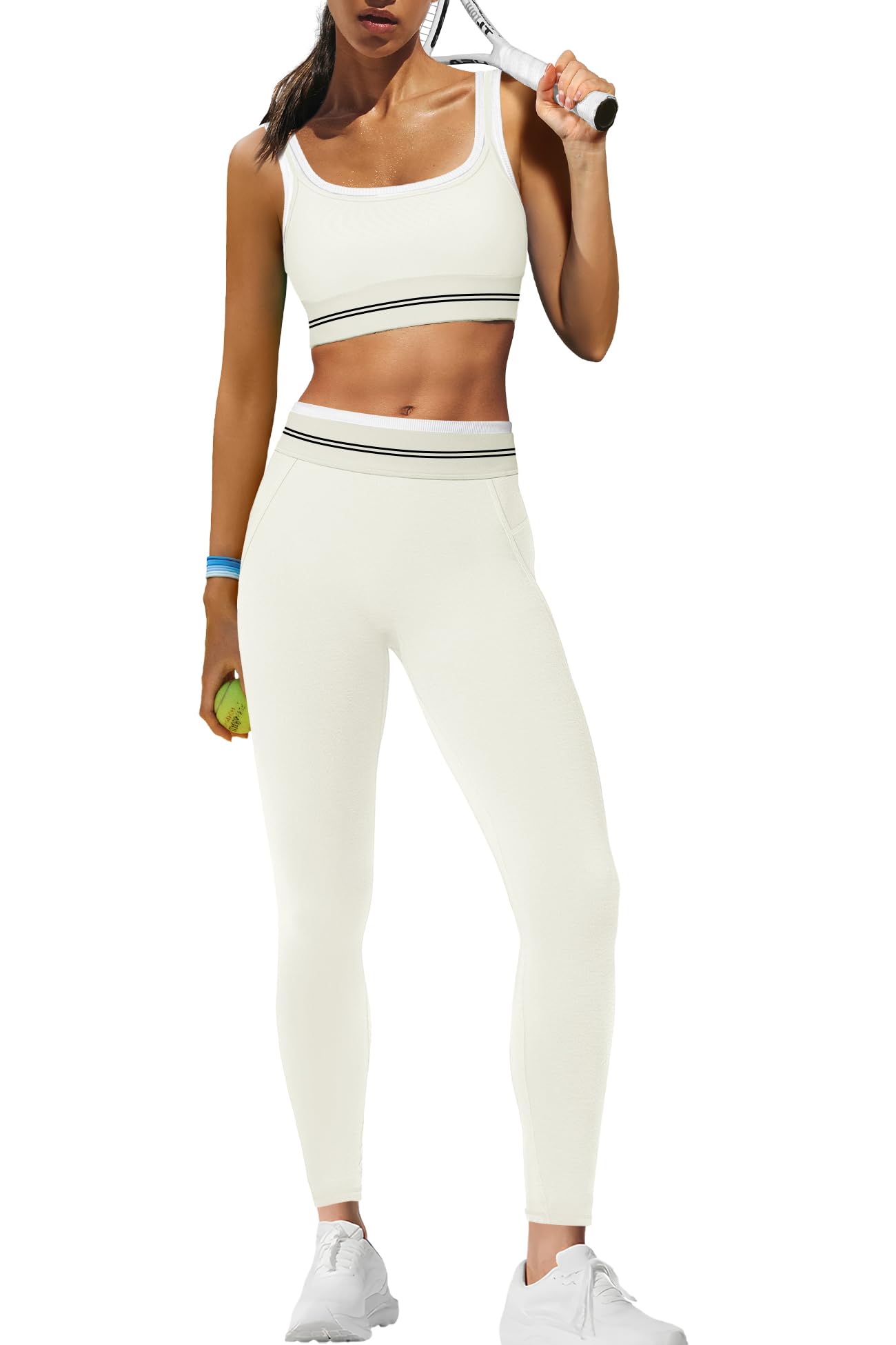 Panadila Womens Yoga Set 2 Piece Outfits Striped Workout Set Gym Matching Sports Bra and High Waist Leggings