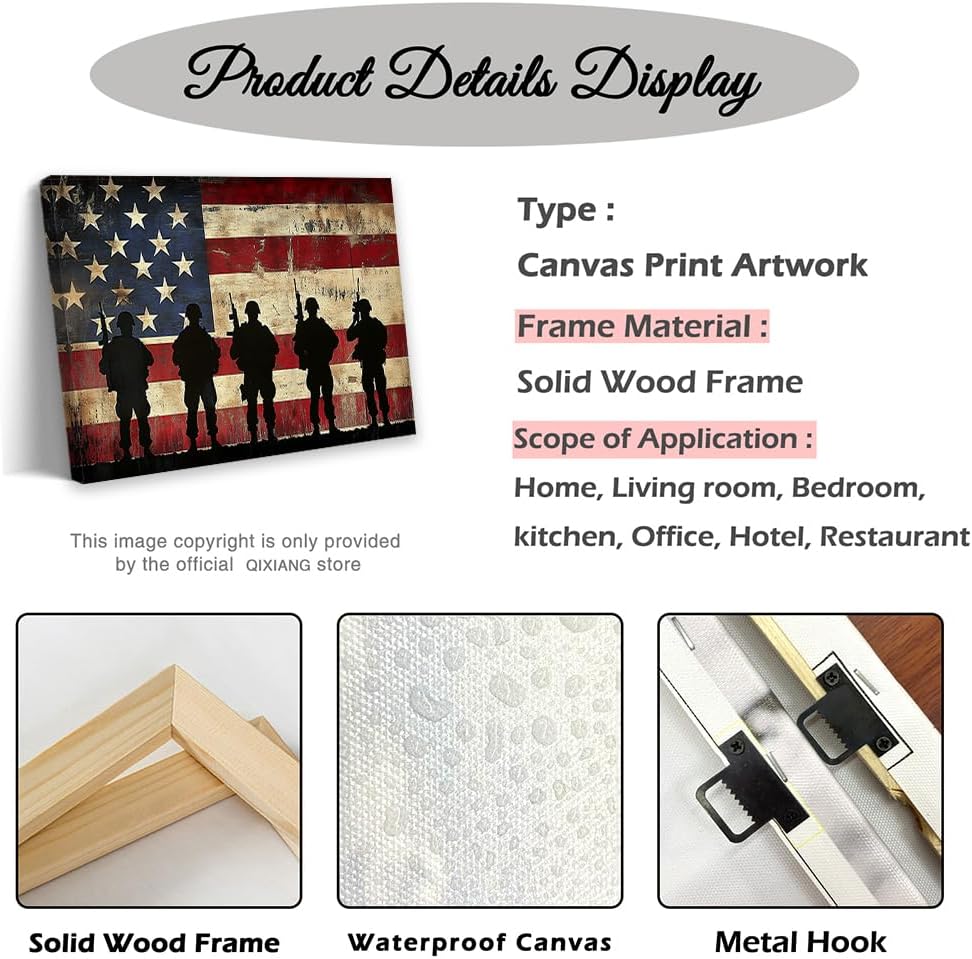 QIXIANG American Flag Canvas Wall Art Soldiers with Flag Picture Military Soldiers Painting Prints Patriotic Theme Picture Wall Decor Framed(Blue,12L x 18W)