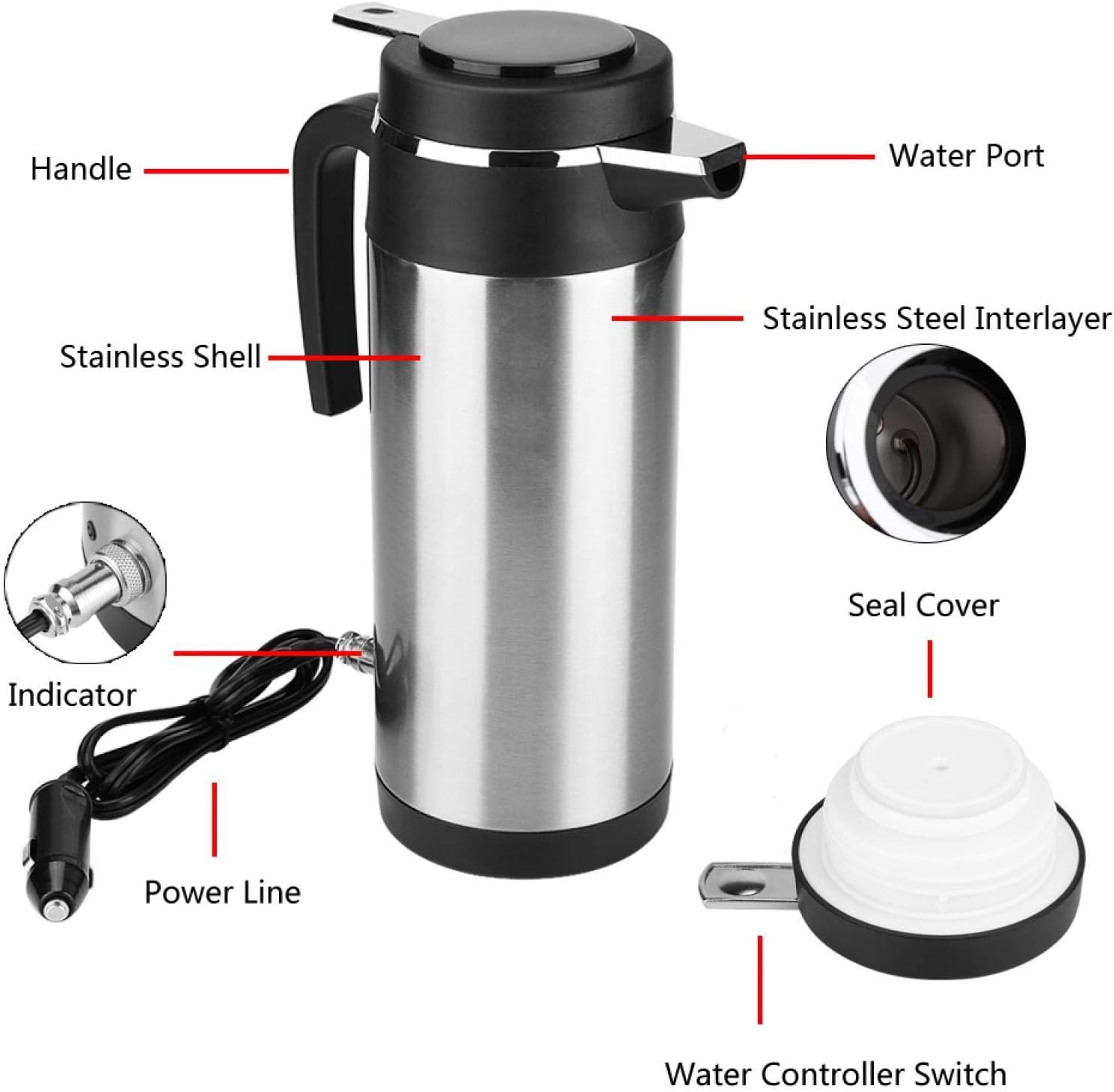 Termos eléctricos, 1200ML 12V / 24V Hervidor eléctrico de acero inoxidable en el coche Termos de viaje Botella de agua de calefacción(Plata) for termo cafe electrico,hervidor de agua para camion,calen