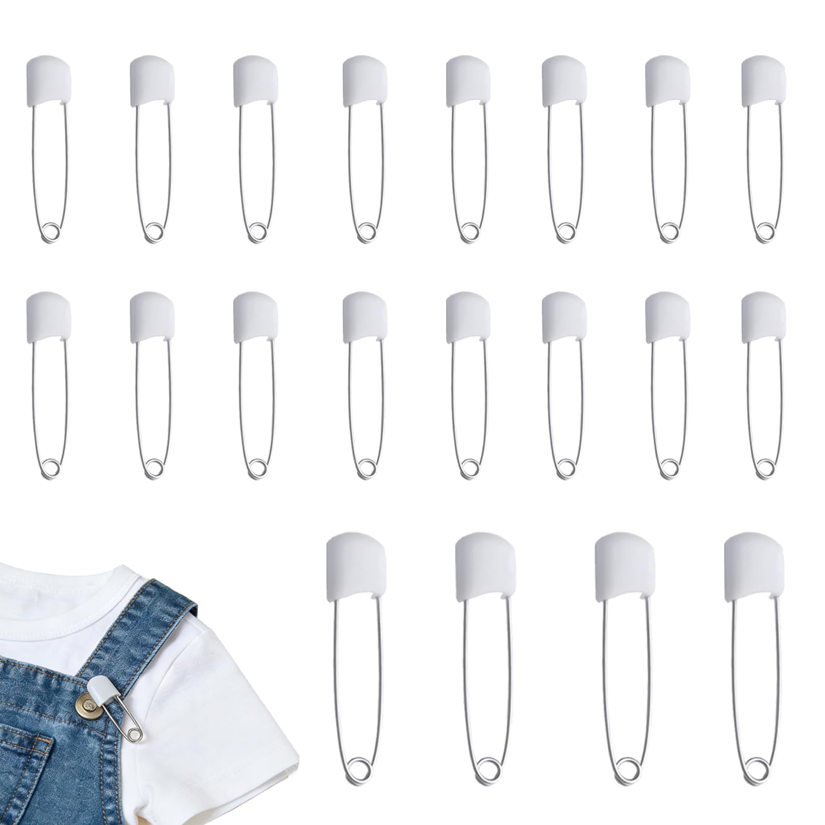 20PCS Nappy Pins,2.2inch Nappy Pins Safety Lock Large Stainless Steel Pin,Durable Push-in Hold Locking Fasteners with Plastic Head Closures for Flat or Prefold Baby Nappies Clothes Diaper 55mm White