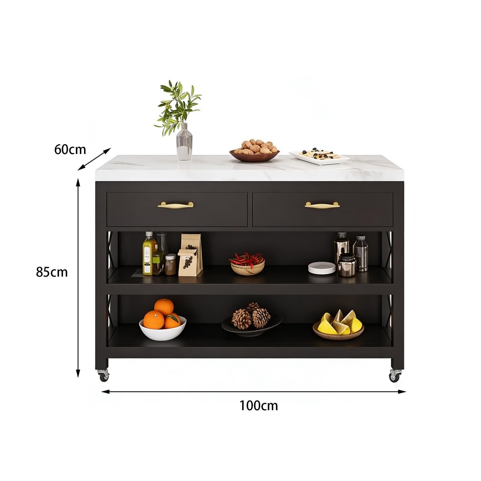 Mobile portaoggetti con cassetti, Carrello for isola da cucina con rotelle, cassetti e ripiani portaoggetti con struttura in metallo e piano in marmo , per riporre la cucina e utilizzare il bancone(M)