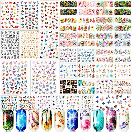 58 Sheets Butterfly Nail Art Stickers Flower Nail Art Stickers Water Transfer Watermark Mixed Design Spring Nail Decals Manicure Stickers for Women Girl Fingernail Decorations