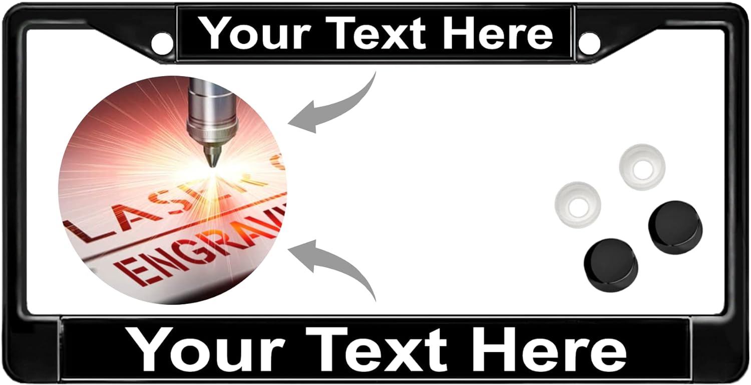 Custom Personalized Black Powder-Coated Metal Laser Engraved Standard Size - Car/Automobile License Plate Frame with Free caps - Black/White Text (Qty: 1 Frame)