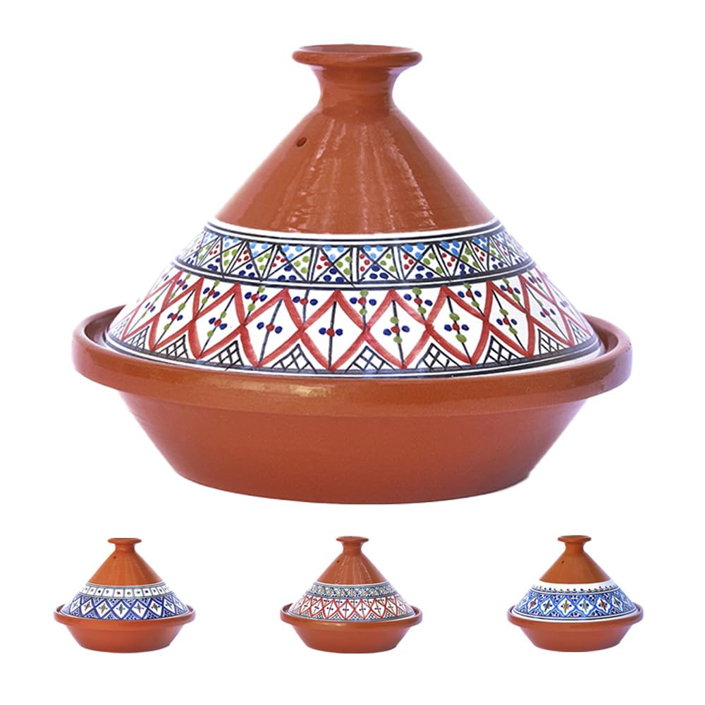 Kamsah Tagine Pot for Cooking and Flavor Enrichment - Medium Clay Pot 10”, 3.1 QT - Non-Stick Handmade Cookware - Moroccan Ceramic Pots for Cooking with Lid & Serving Bowl - Bohemian Classic Red