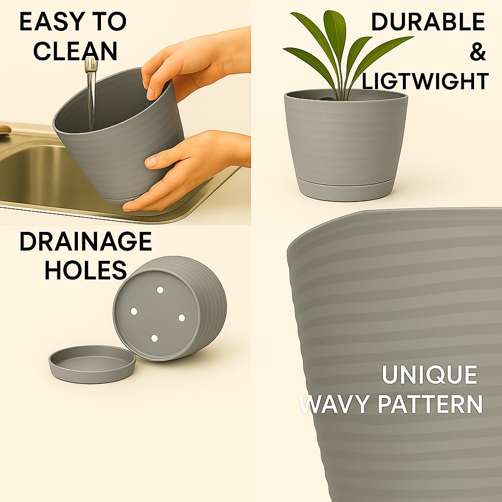 Home Garden Ornaments Plant Pots Indoor, Set of 2 Plastic Flower Pots with Saucer and Drainage Holes - Image 4