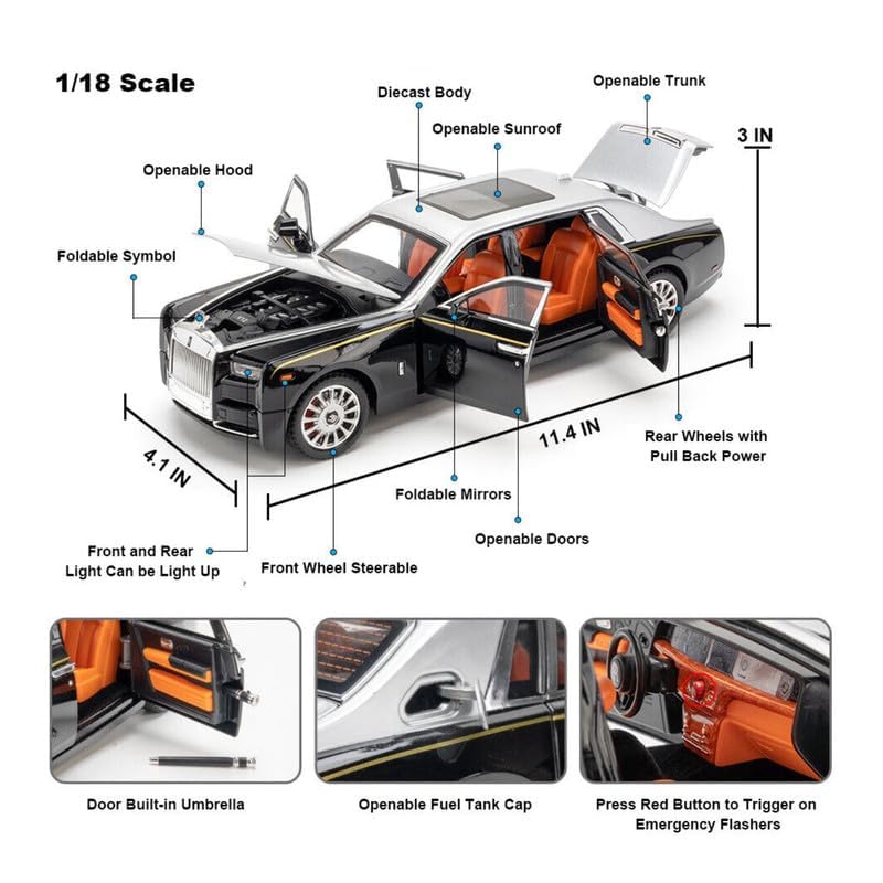 Image of 1:18 【Large】 Rolls-Royce Phantom Car Toy Metal Pull Back Diecast Car with Openable Door and Sound Light, Gifts Toys for Kids【 Colors as Per Stock 】