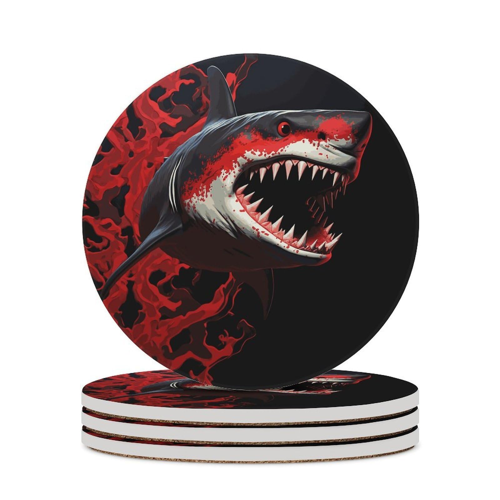 Red-Black Shark Coaster with Cork Base Drink Coasters for Coffee Table Decor Modern Cup Coasters with Non-Slip & Heat-Resistant Cute Ceramic Table Coaster for Home Dining