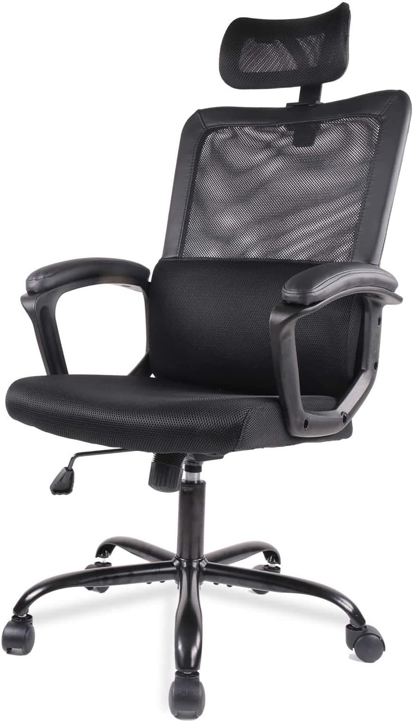 Desk Chair, Ergonomic Mesh Office Chair High Back Computer with Adjustable Headrest,Lumbar Support, Tilt Function,Swivel Rolling, Soft PU Armrest Task Home Chairs