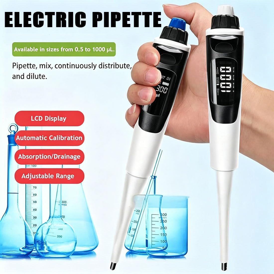 Elektronische Pipette 0,5-1000µl Einstellbare Lautstärke Labor Pipette Selbstkalibrierend Multifunktional für Präzises Pipettieren, Mischen, Verdünnen