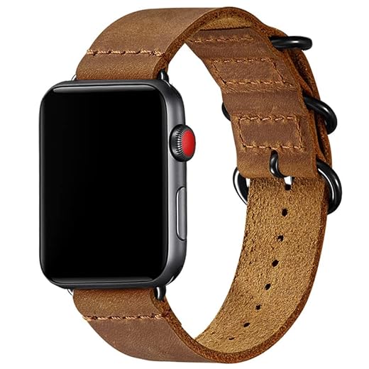 Pulseira de Couro Vintage de Três Fivelas Compatível com Apple Watch 42mm 44mm 45mm Serie 9/8/7/6/5/4/3/2/1 Ultra 2 49mm - Marca WFEAGL (Marrom Claro-Adaptador Preto)