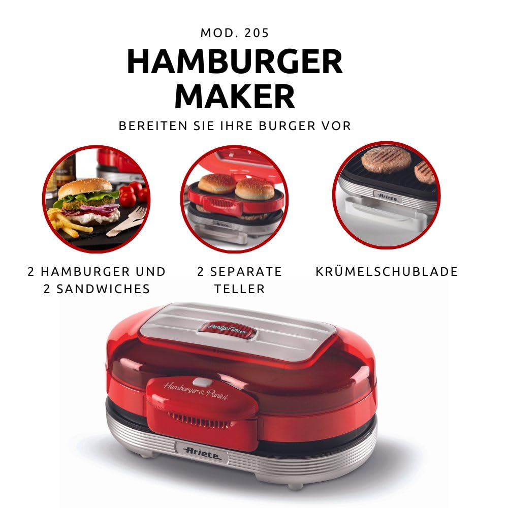 Ariete Party Time 205 Elektrischer Sandwichmaker, 1200 W, Rot