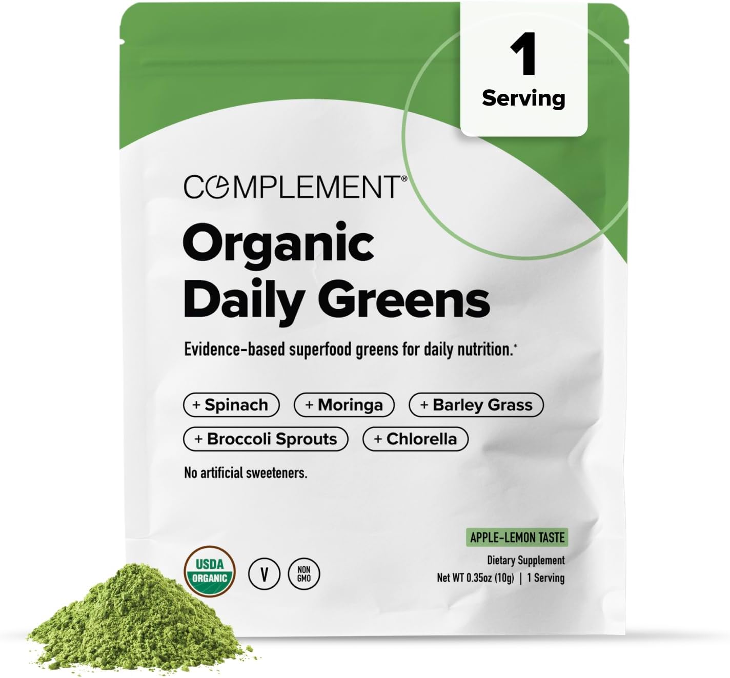 Complement Daily Greens Powder, Super Greens Powder Superfood- Wholefoods, Organic Chlorella, Barley Grass Juice, Broccoli Sprouts- Immune Support, Brain Health, Metal Detox- Single Serving Sample
