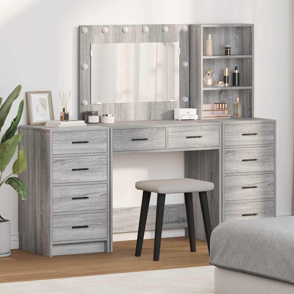 vidaXL Schminktisch 3 STK. Sonoma-Grau 78,5 x 41 x 135 cm | Geräumiges Design für organisierte Essentials, LED-Vanity-Lichter für perfektes Make-up,