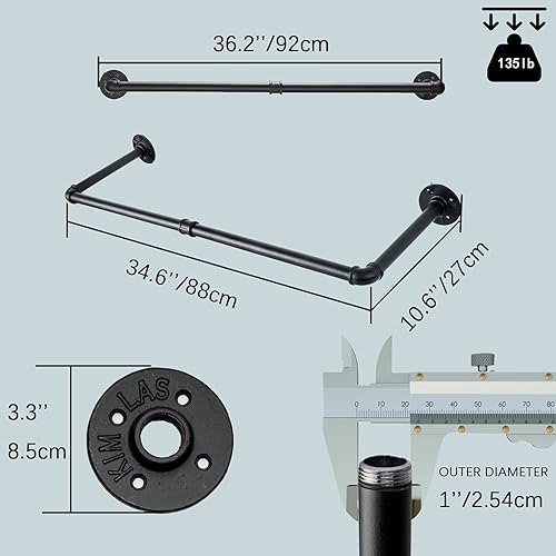 Miniatura 4 de Crehomfy Perchero industrial de tubería con 3 ganchos en forma de S perchero montado en la pared de 36 pulgadas de largo barra de ropa de hierro