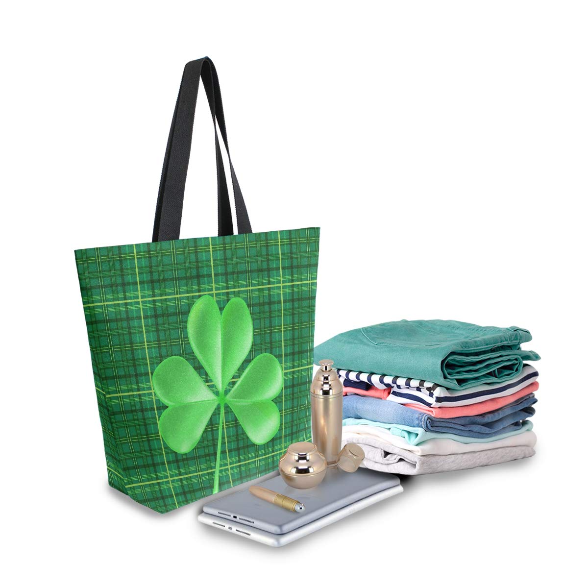 ZZKKO St Patrick's Day Canvas Tote Grocery Bag Shoulder Casual Book Bag Large for Women Teachers, Shamrock Clover Cotton Bag Shopping Purse Handbag Reusable Multipurpose Use
