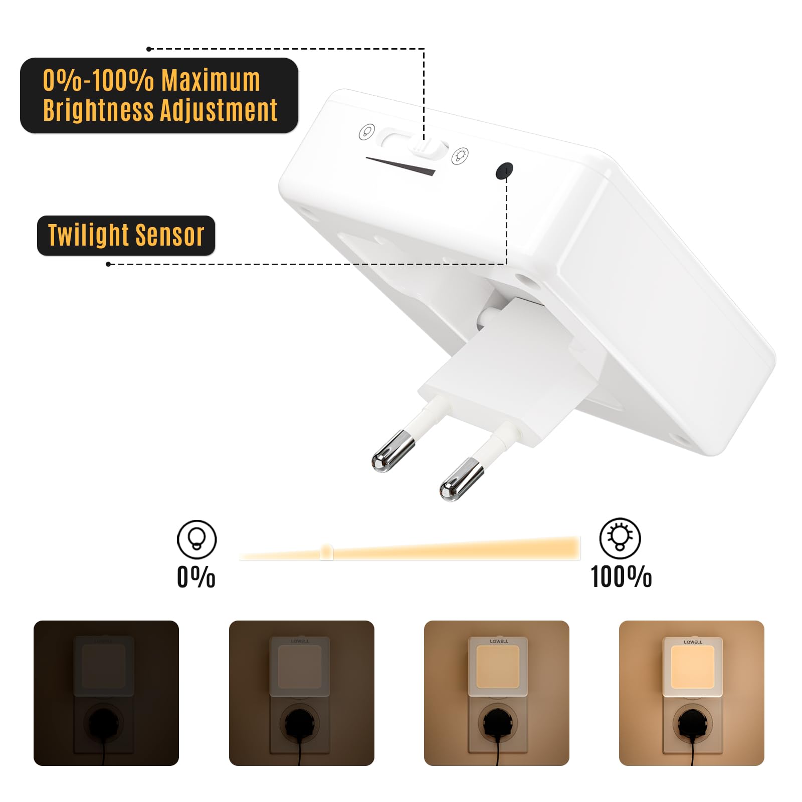 LQWELL® Luce Notturna con Presa Pieghevole con Sensore Crepuscolare, Lampada Notturna con LuminositÀ Regolabile, Luce Automatica con Presa, Luce di Orientamento (Bianco, 3 Pezzi)