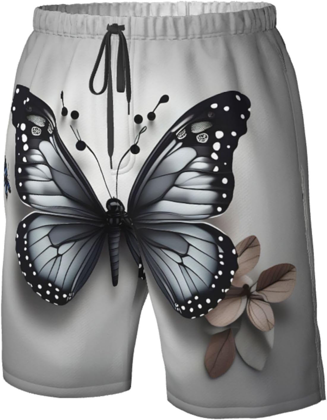 Gray Teal Flower Butterfly Print Mens Casual Shorts Drawstring Summer Beach Stretch Shorts Novelty Swimtrunks