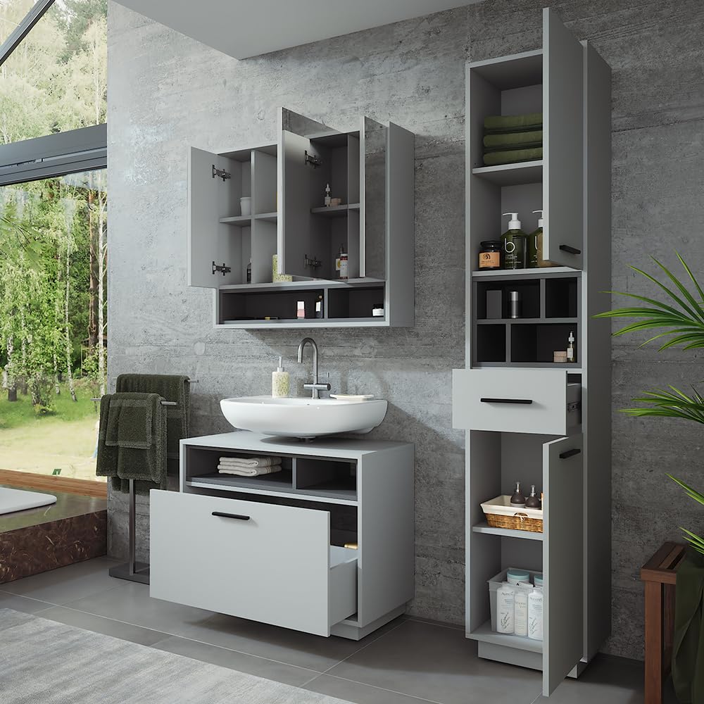 Vicco Badmöbel-Set Beatrice, Grau/Anthrazit, 80 cm, besteht aus Waschbeckenunterschrank, Spiegelschrank und Hochschrank