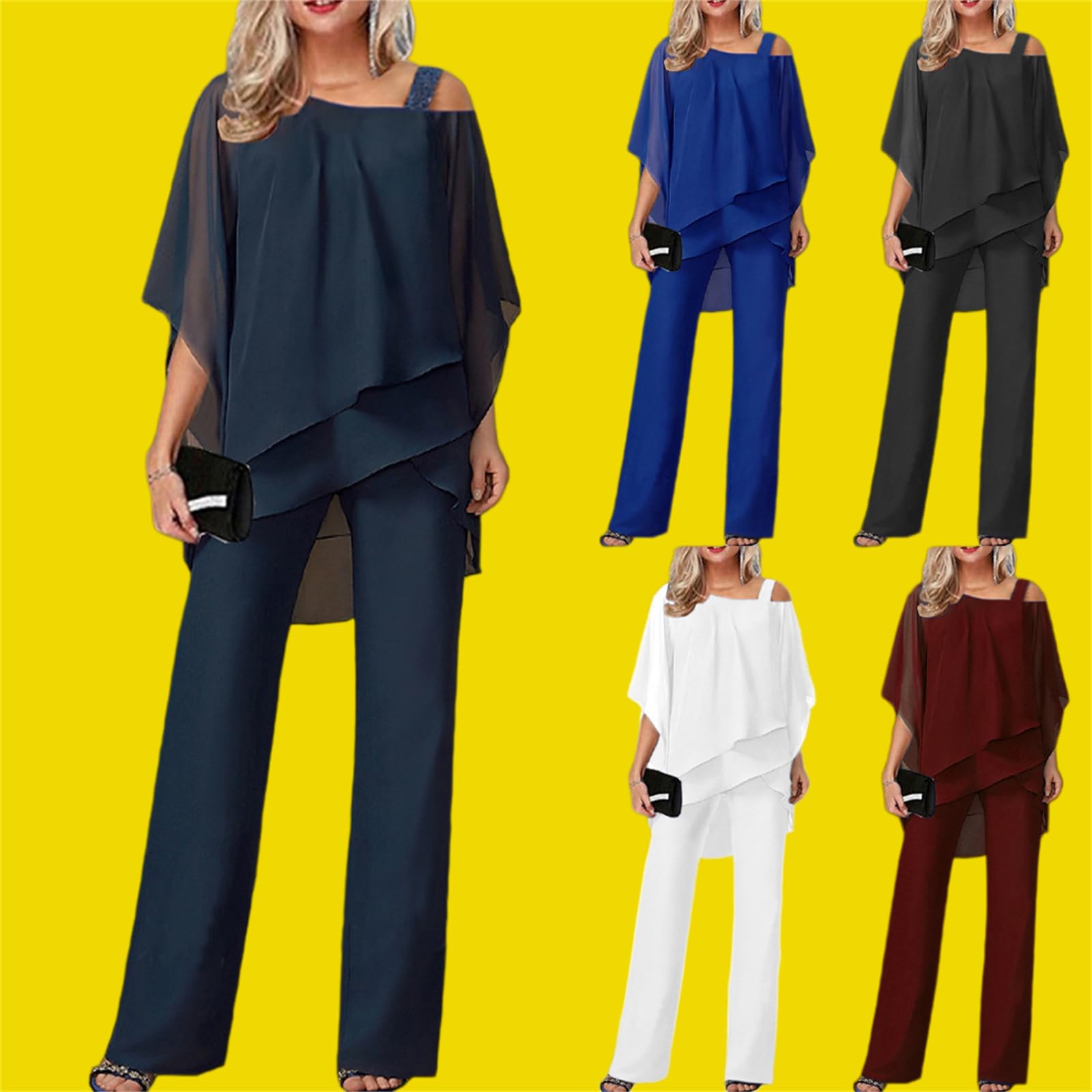 Generisch Elegantes Set aus Chiffon-Lagen-Top & Hose mit weitem Bein – Zweiteiliges Damen-Outfit mit asymmetrischem Oberteil und High-Waist-Hose für festliche Anlässe
