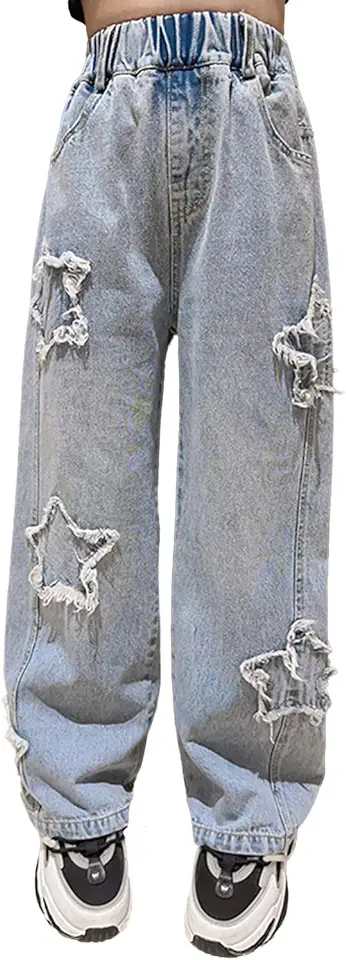 Rolanko Girls Jeans Denim Elastic Wasit Wide Leg Baggy Pants Kids Clothes 4-14 Years
