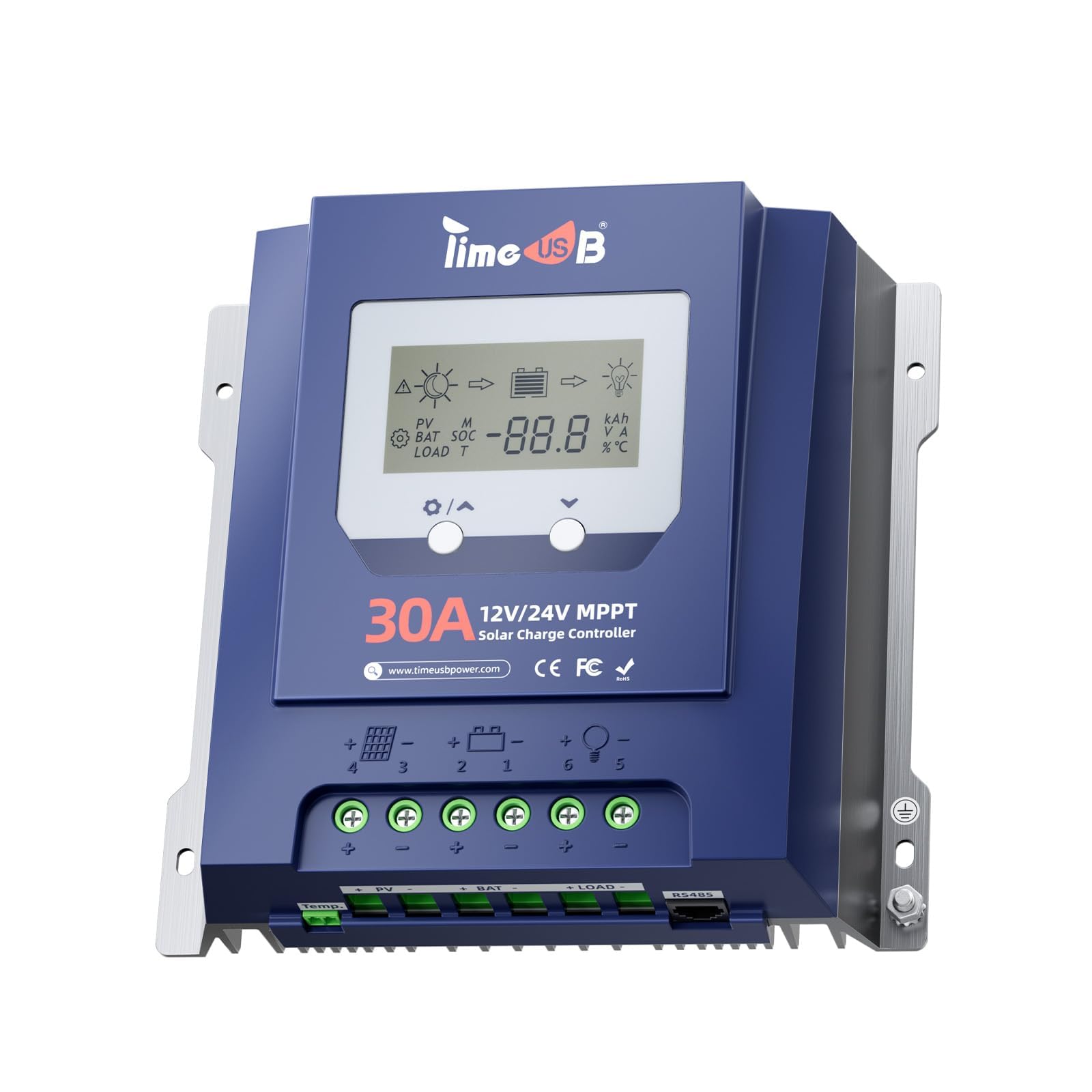 Timeusb Controlador de carga solar MPPT de 30 amperios, 12 V/24 V, entrada de CC automática, eficiencia de seguimiento del 99% MPPT y carga rápida, controlador MPPT de 50 V con pantalla LCD para