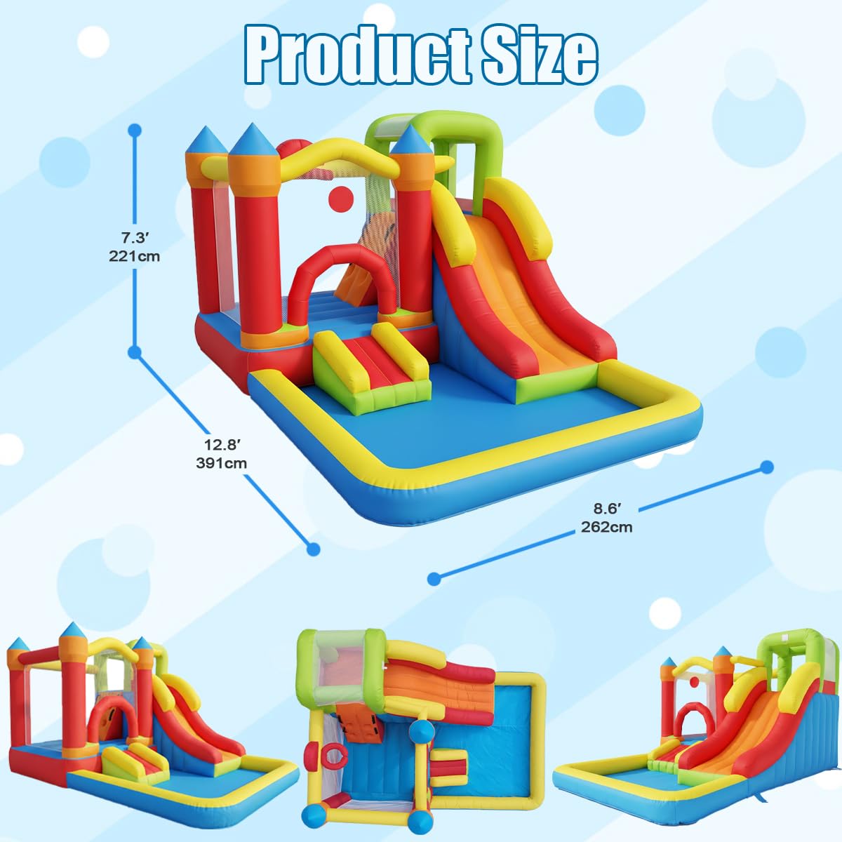 Casa de rebote con hoyo de bolas, castillo hinchable 7 en 1 con soplador, pared de escalada, tobogán y aro de baloncesto para patio trasero, patio de juegos para niños pequeños de 3 a 10 años de edad