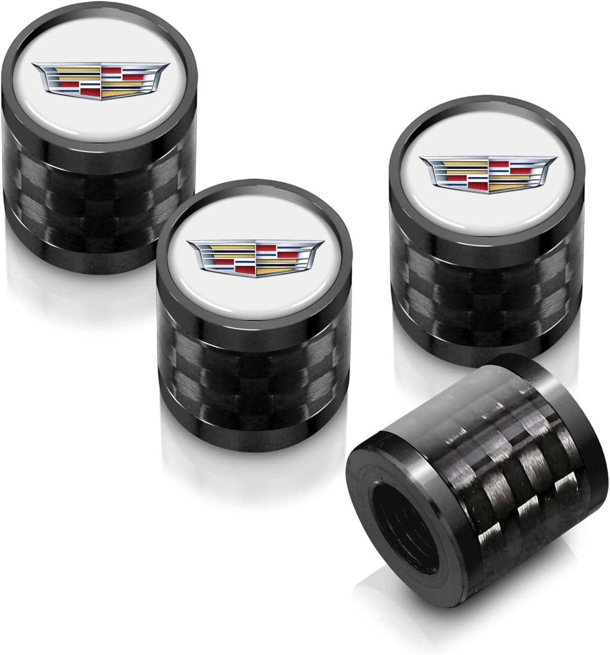 iPick Image for Cadillac Crest Logo on Real Carbon Fiber Barrel Black Aluminum Tire Valve Stem Caps (White/Black)