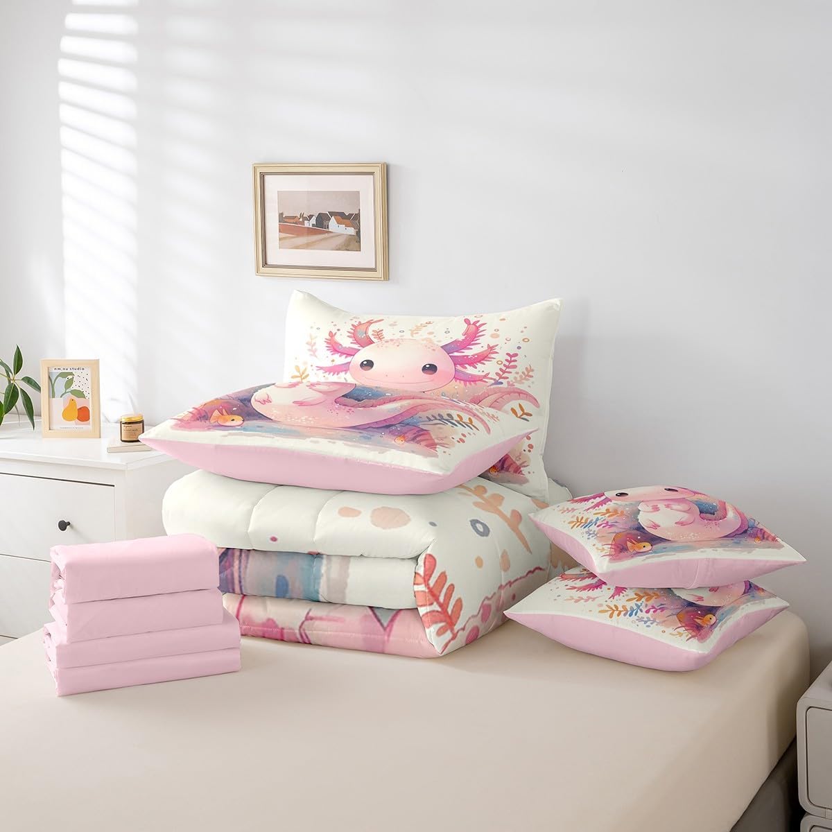Erosebridal Pink Axolotl Bed in a Bag Twin Comforter Set 7 Piece,Kawaii Cartoon Pink Axolotl Bedding Sets for Kids Boys Girls Ocean Seaweed Coral Sea Life Salamander Sheet Set with Comforter