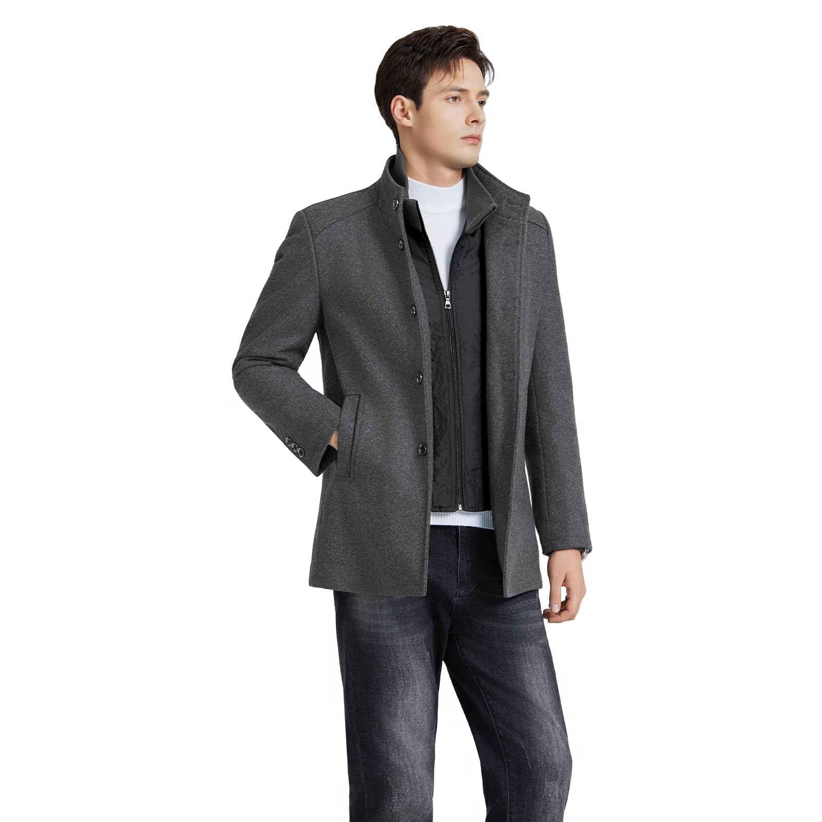 KUDORO Manteau Homme Mi-Long en Laine Chaud pour Hiver Col Montant Trench Coat Classique Parka Pardessus Caban Slim Fit Coup-Vent