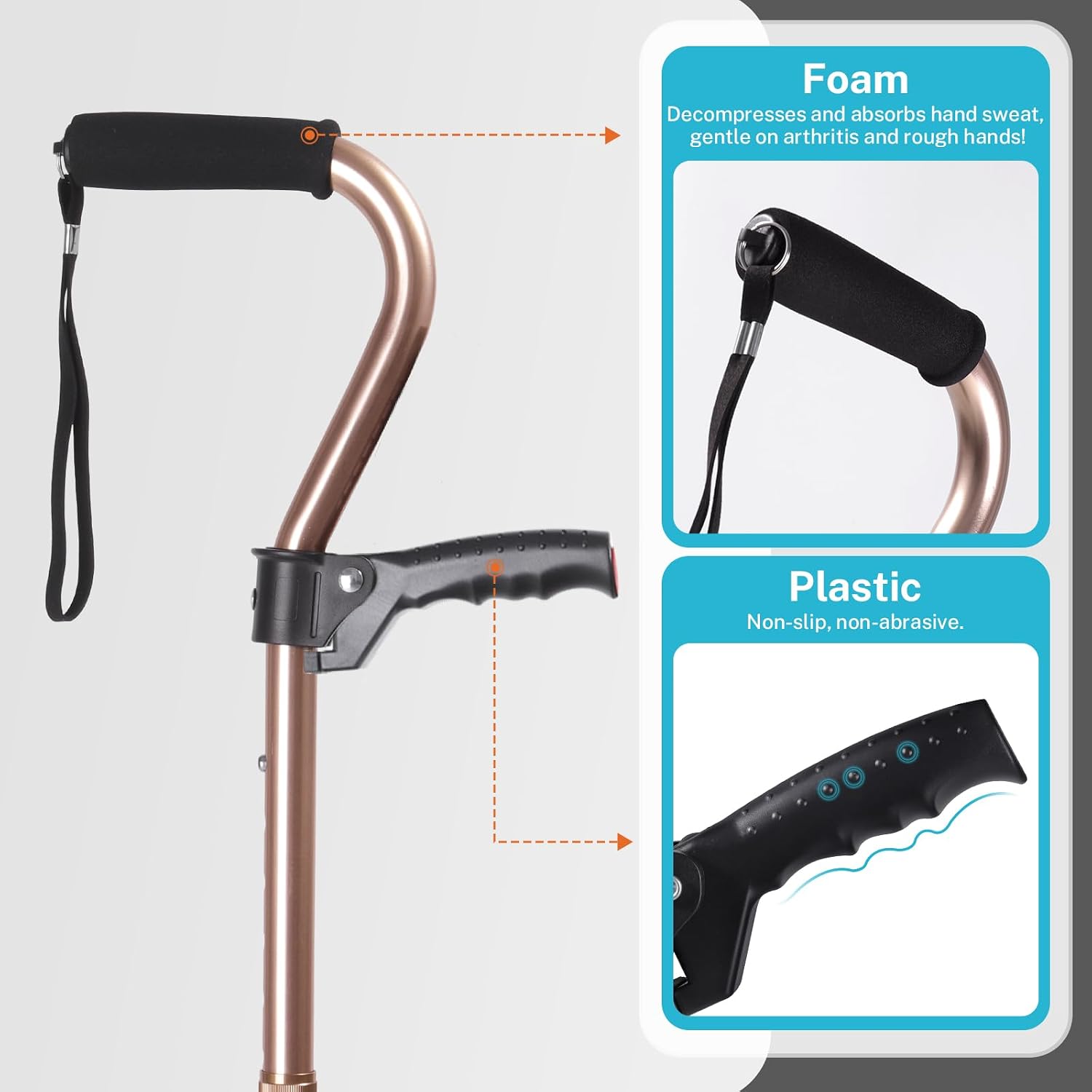 Adjustable Walking Cane for Men & Women – 4-Pronged Base for Stability – Foldable Cane for Seniors with Foam Padded Offset Handle(Champagne)
