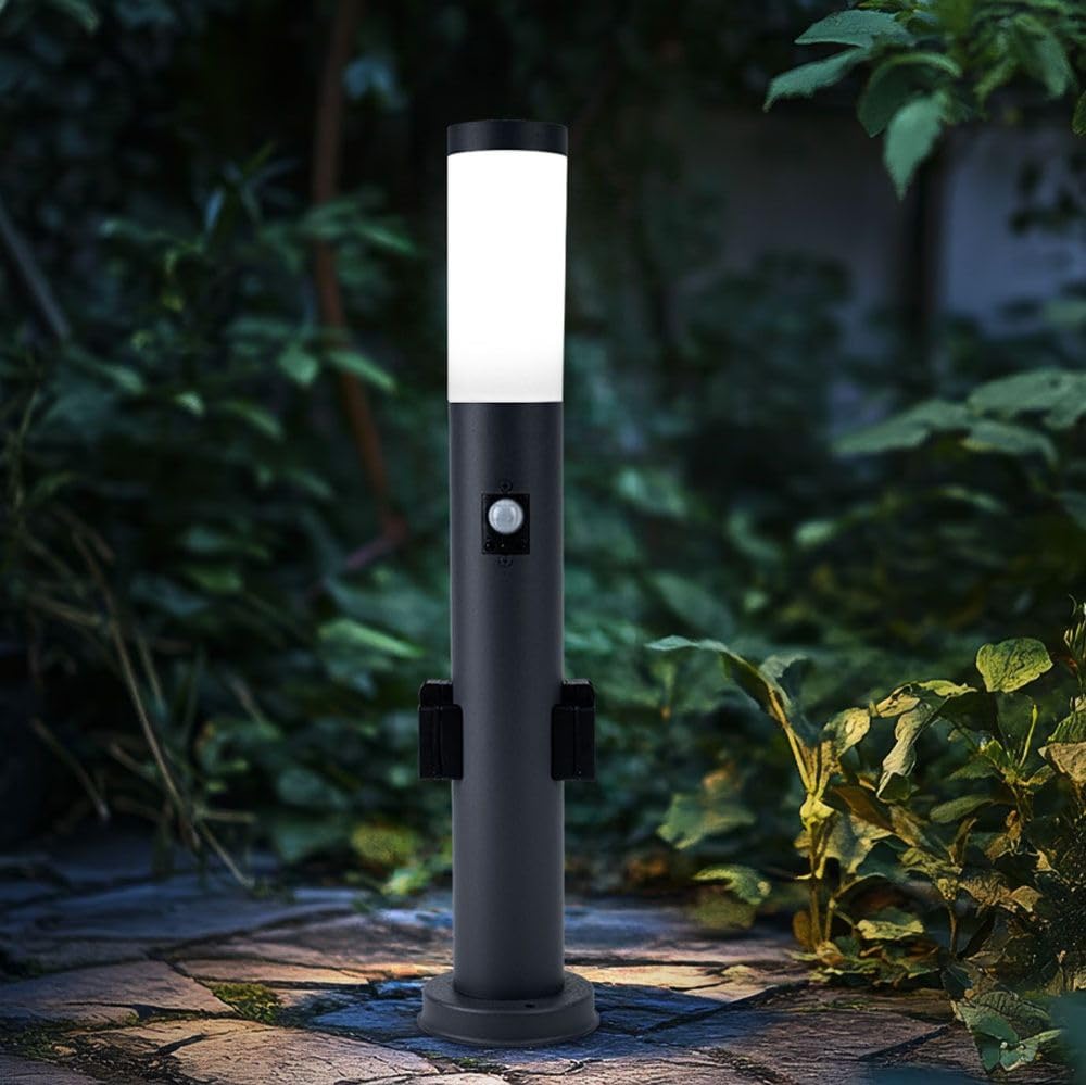 Außenleuchte LED Stehleuchte mit Bewegungsmelder Edelstahl Wegeleuchte Sockelleuchte Gartenleuchte anthrazit, mit 2 Steckdosen, IP44, 1x 11W 1055lm warmweiß, DxH 13,1x60 cm