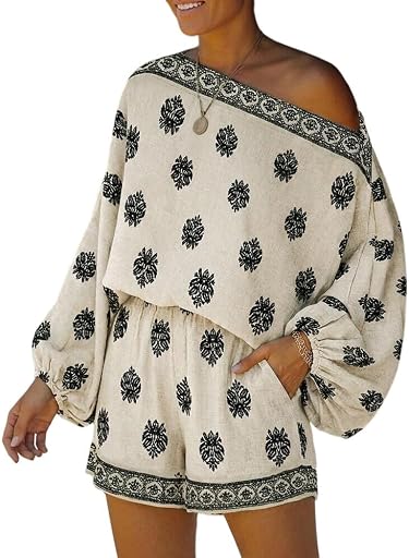 CHICME Women's 2 Piece Boho Outfit Lantern Sleeve Linen Top and Shorts Set Beach Vacation Summer Outfits