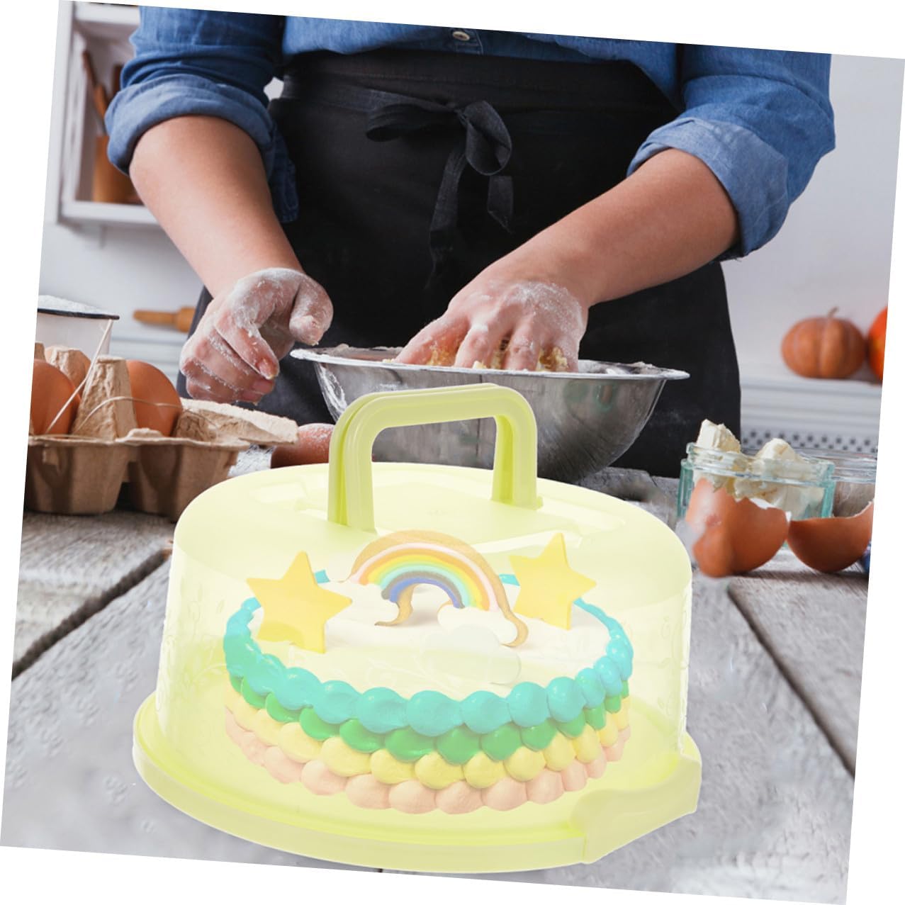 2pcs Portable Cake Carrier with Handle Green Buckle round Cake Box Pp Material for Baking and Party Transport