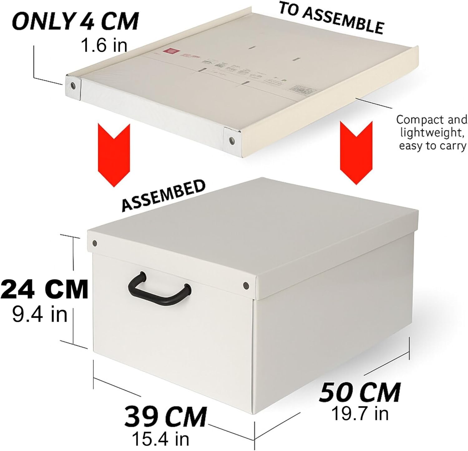 Storage Box 6 Pack: Large - Beige - Lid & Side Handles, Decorative Cardboard Organizer, Stack-Fold, Home-Clothes-Linens, 19.7 x 15.4 x 9.4