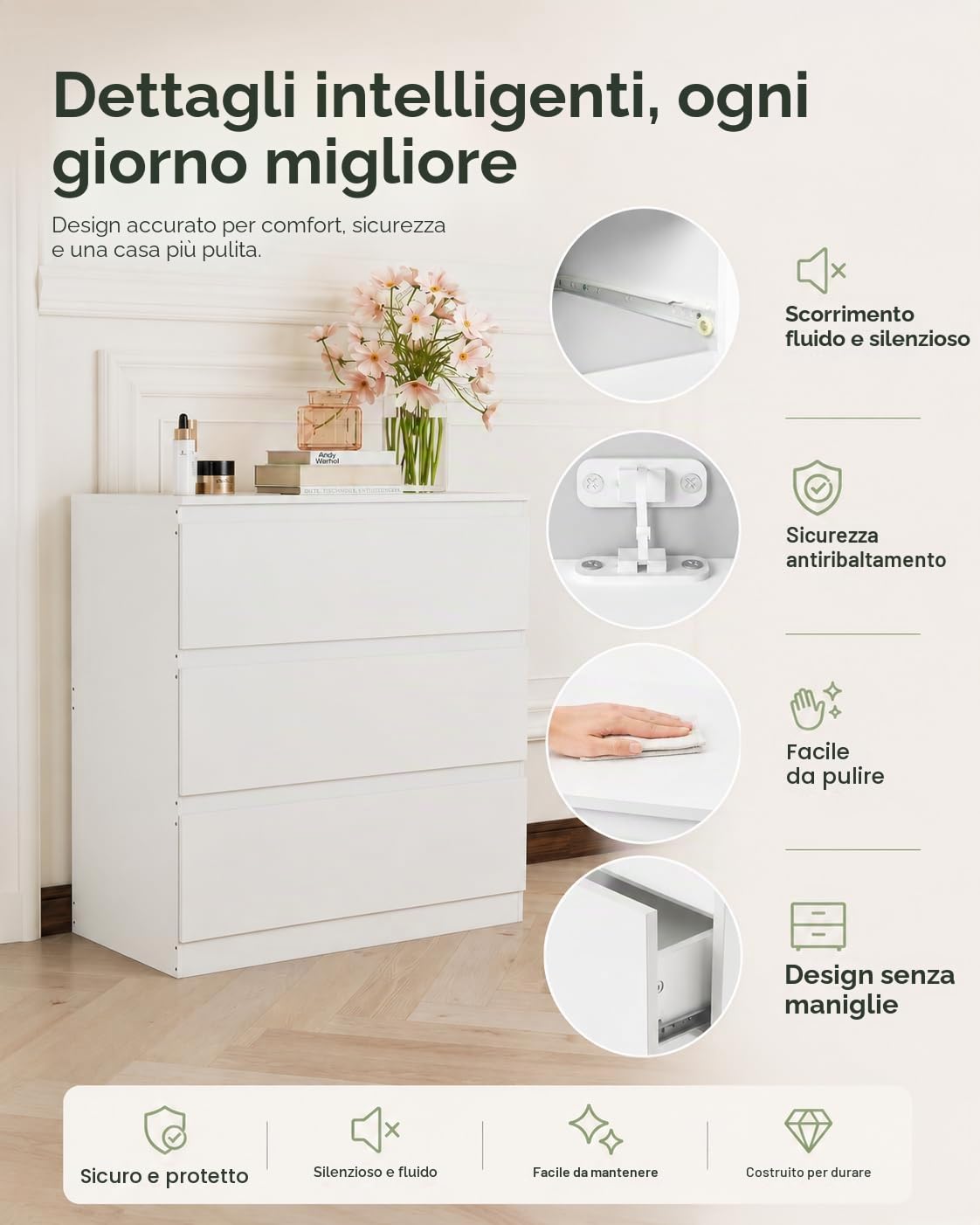 Comodino Camera da Letto, Cassettiera Salvaspazio Bianca con 3 Cassetti, Cassettiera Legno 70 x 40 x 75 cm, Comò Camera da Letto Moderno per Soggiorno e Corridoio