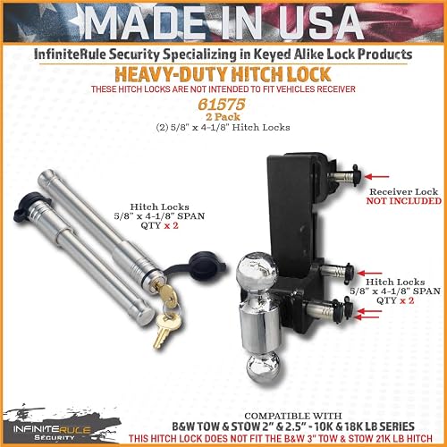 InfiniteRule Security 61575 | 2 Pack, Keyed Alike, Hitch Locks for B&W 2" & 2.5" Tow and Stow 10K LB & 18K LB - Fits Adjustable Ball Mount Only - Does NOT FIT Vehicle Receiver - Thumbnail 3