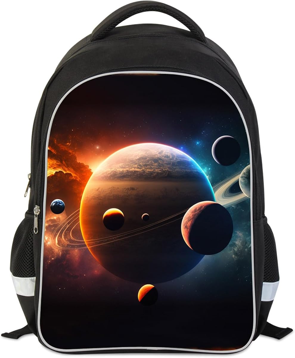 Space Backpack for Boys, Kids Solar System Planets Galaxy School Backpack, 17 Inches School Bookbag, Giftable Back Pack with Bottle Holders and Tablet Compartment for Child Age 6-18