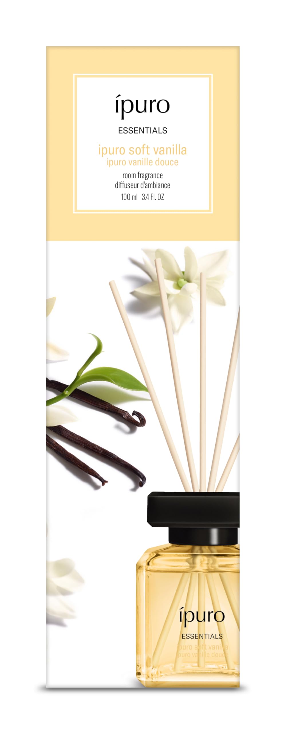 ipuro Essentials Soft Vanilla Room Fragrance with Sticks 100 ml - Room Freshener with Vanilla, Sandalwood, Licorice, Peach Blossom & Caramel Fragrance Aroma - Diffuser with Sticks