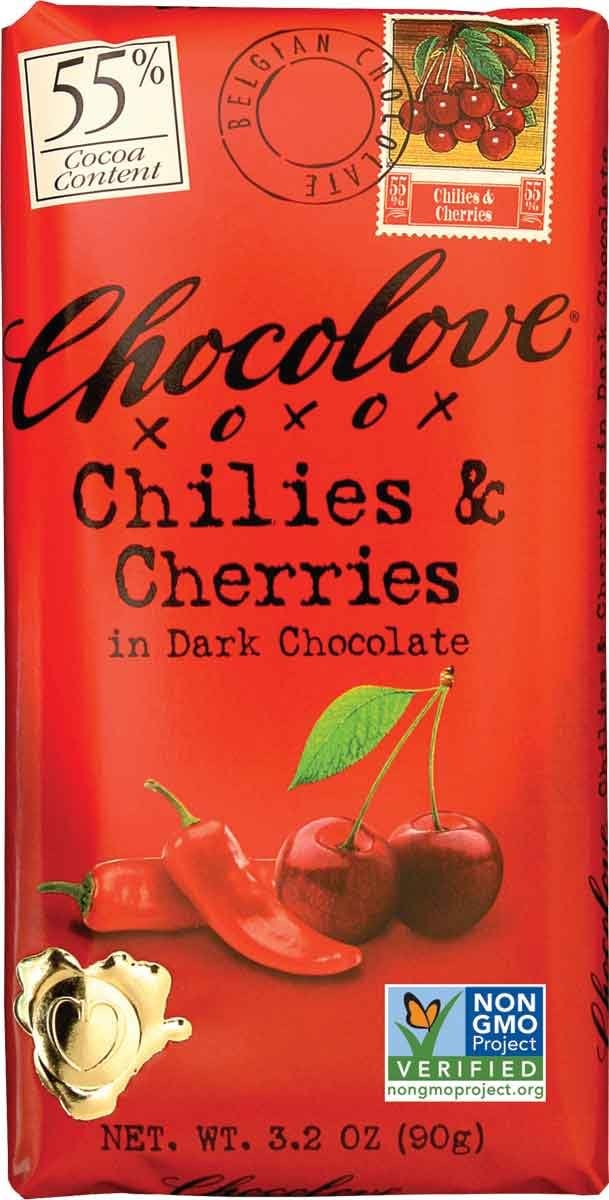 Chilies & Cherries in Dark Chocolate Bar, 3.2 Ounce (Pack of 12)