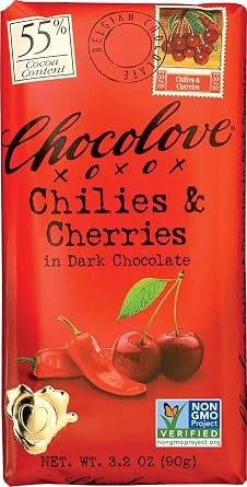 Chocolove Chilies & Cherries in Dark Chocolate Bar, 3.2 Ounce Pack of 12