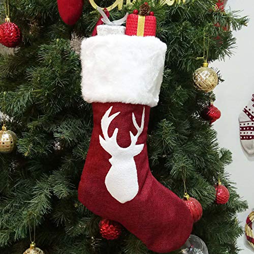 Christmas Stockings 4 Pcs 18 Inches Embroidered Linen Red Stockings Burlap Rustic Christmas Stocking Ornament For Family Holiday Xmas Party Decorations(Embroidered Elk And Reindeer) #TOP6