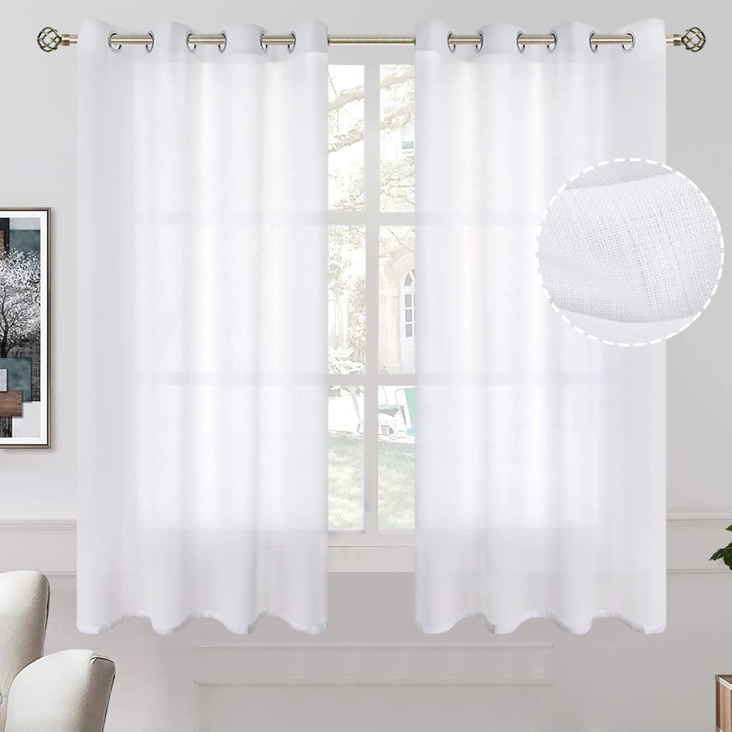 BGment White Sheer Curtains 63 Inch Length 2 Panels for Bedroom, Light Filtering Linen Semi Sheer Privacy Curtains Grommet Opaque Textured Casual Drapes for Living Room, 52 x 63 Inch 52"W x 63"L (Pack of 2) White